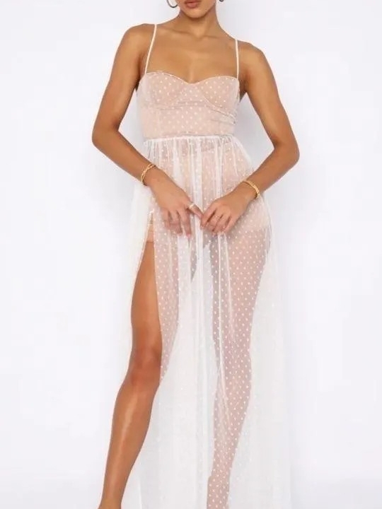 Sheer Polka Dot Maxi Slip Dress - Nude/White